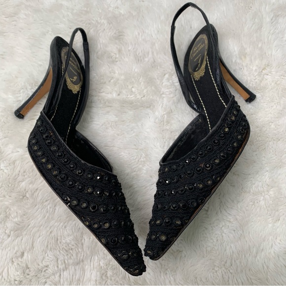 Rene Caovilla Women's Black Beaded Slingback Point Toe Heel Shoes Size 37 - Picture 4 of 13
